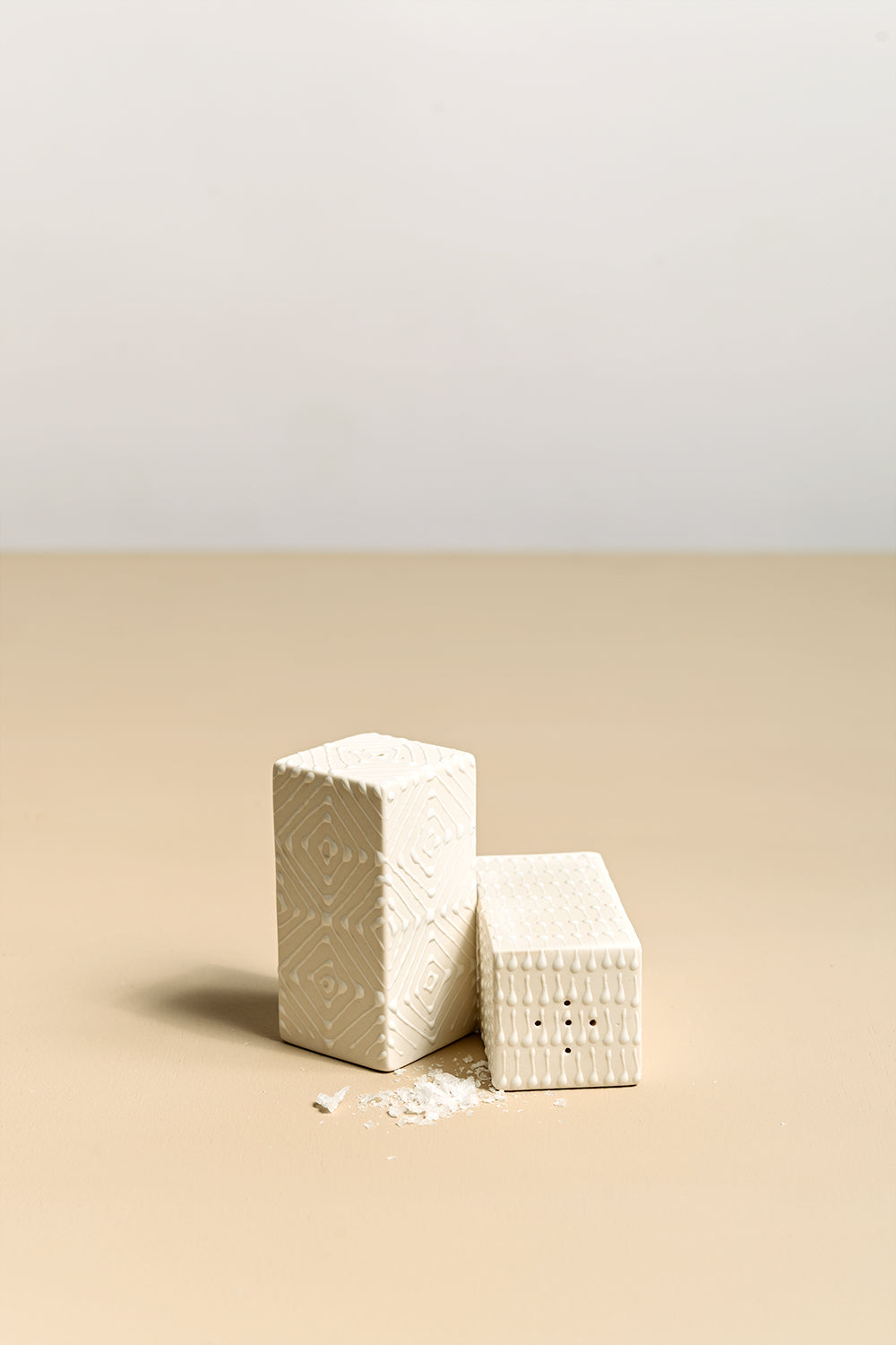 A pair of ceramic salt and pepper shakers with a geometric pattern 