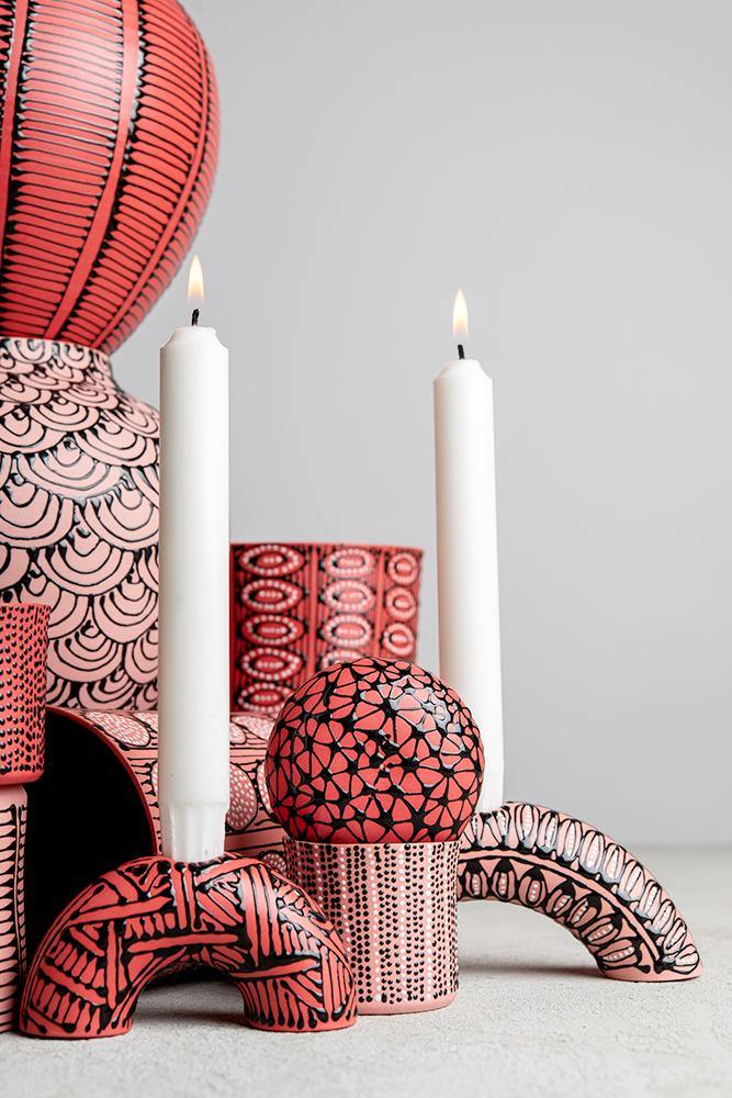 Wide candle holder | Pink with B&W eyes and dots - Maiyan Ben Yona - Ceramic Studio