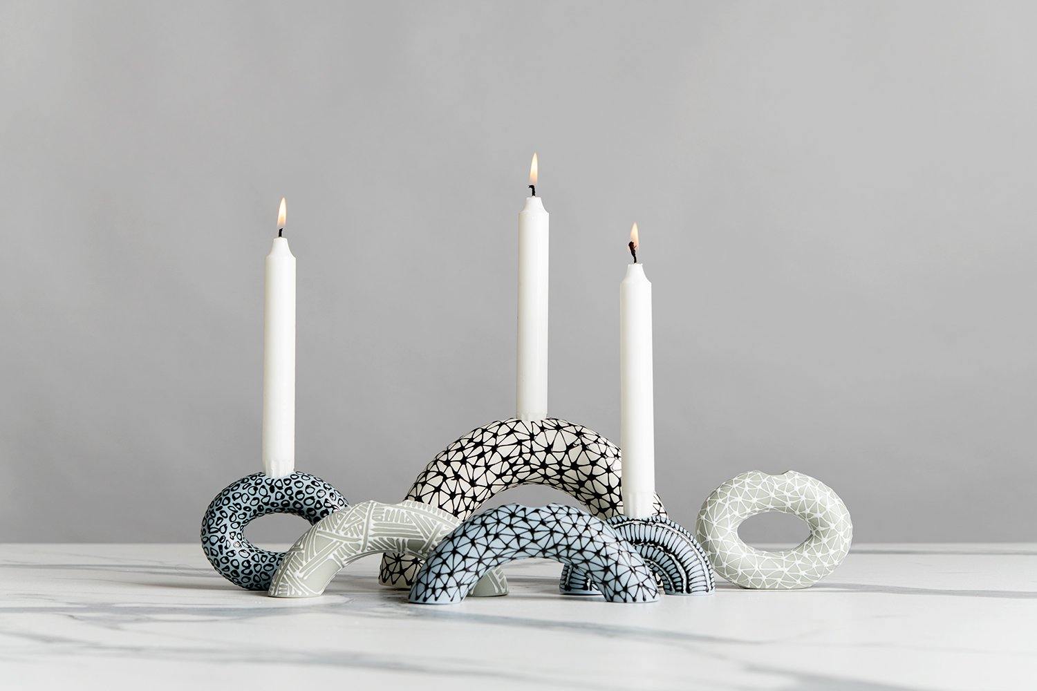 Wide candle holder | Pink with B&W eyes and dots - Maiyan Ben Yona - Ceramic Studio